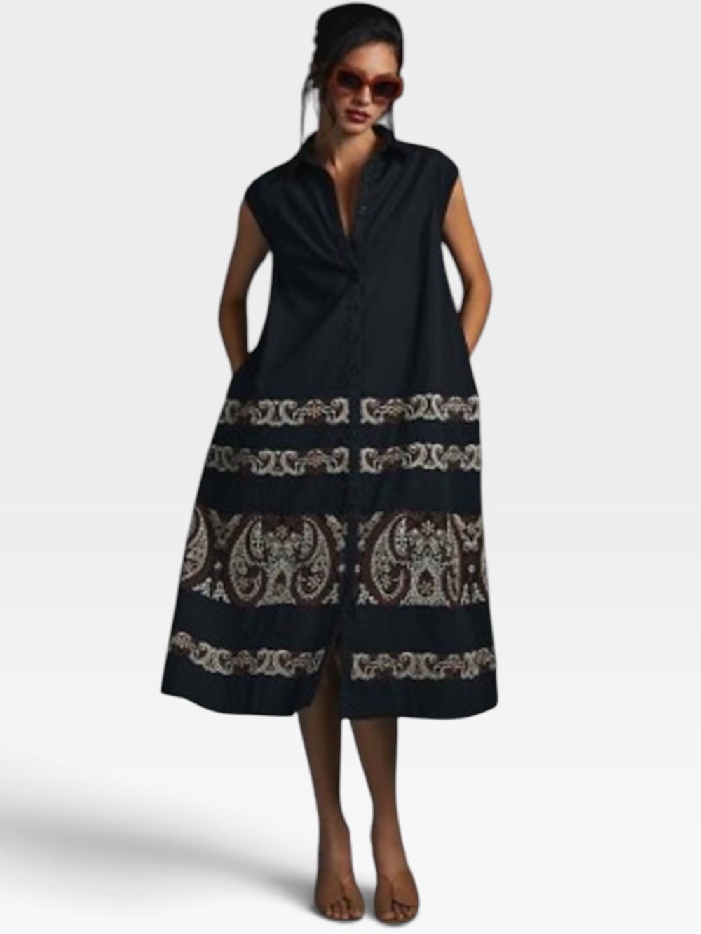 By Anthropologie Cap Sleeve Shirt Dress XL Embroidered Black Brown A-Line Full